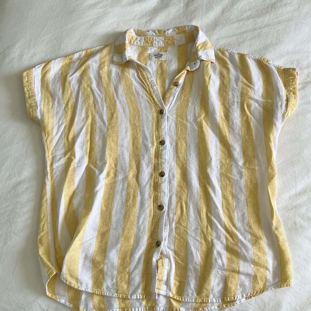 Marine Layer Button Up Shirt, Size Small, White and Yellow Stripe